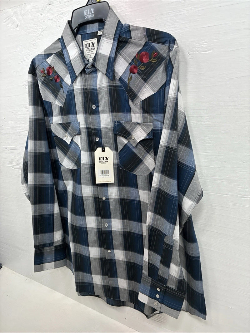 New Men’s ELY Cattleman Blue Grey Plaid Long Sleeve Pearl Snap Large AA-19