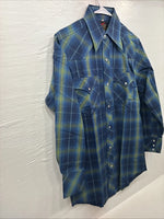 New Men’s Champion Westerns Blue Green Plaid Long Sleeve Pearl Snap Small R-22