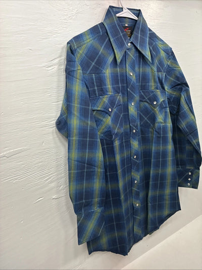 New Men’s Champion Westerns Blue Green Plaid Long Sleeve Pearl Snap Small R-22