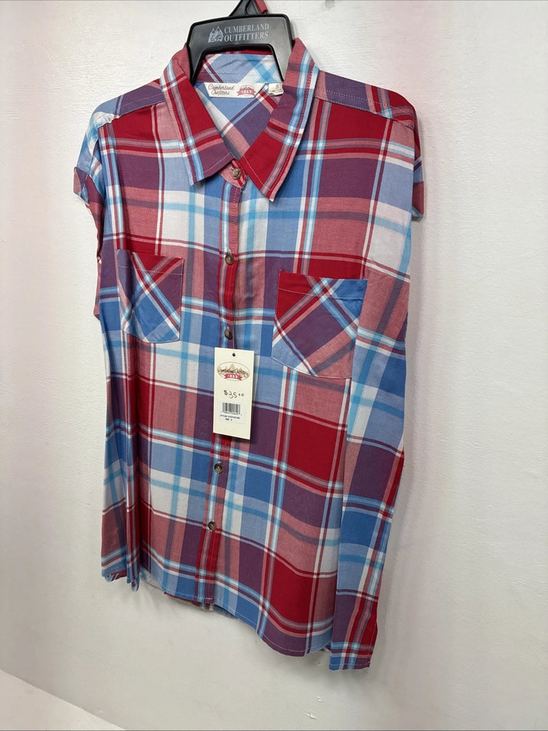 New Women’s Cumberland Red Blue Plaid Short Sleeve Button Up Small DD-106