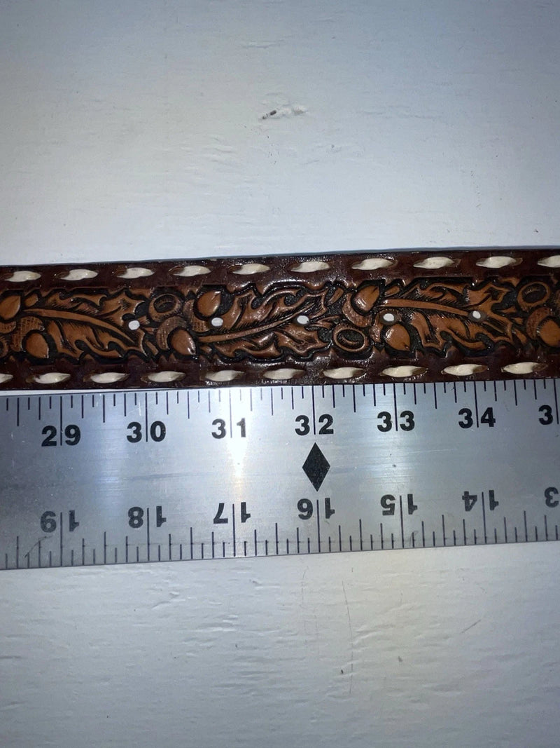 New Brown Genuine Leather Tooled And Weaved 32” Belt #78000 JJ-2