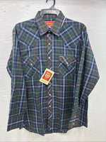 New Men’s ELY Plains Green Blue Plaid Long Sleeve Pearl Snap 16.5 Large  AA-12