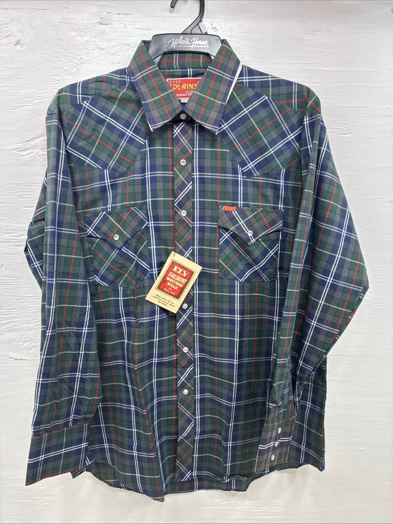 New Men’s ELY Plains Green Blue Plaid Long Sleeve Pearl Snap 16.5 Large  AA-12