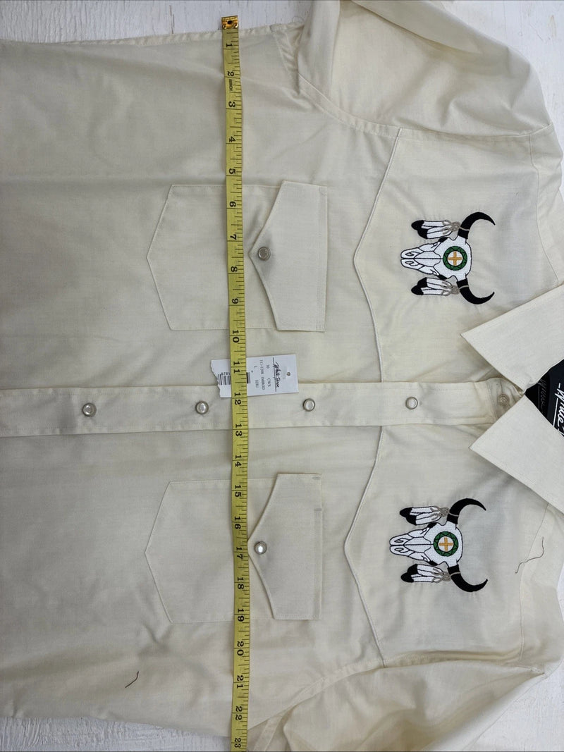 New Men’s White Horse Yellow Bull Design Long Sleeve Pearl Snap Large CC-33