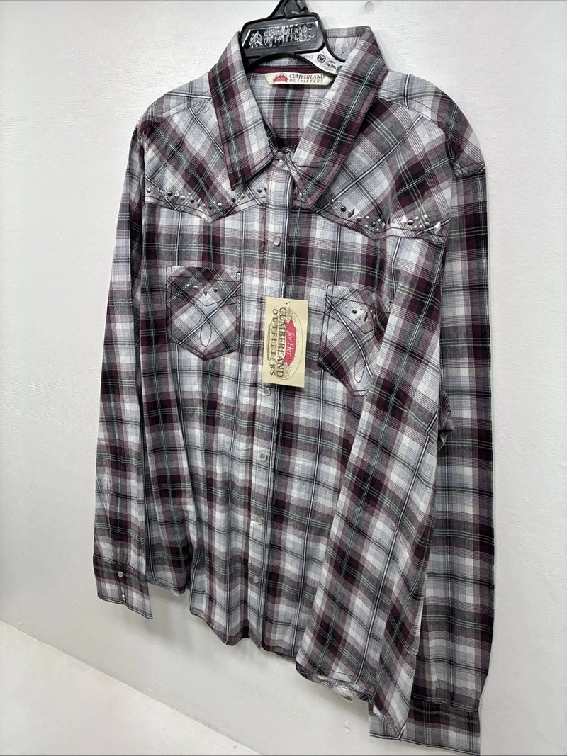 New Women’s Cumberland Purple Plaid Long Sleeve Pearl Snap 2XL GG-24
