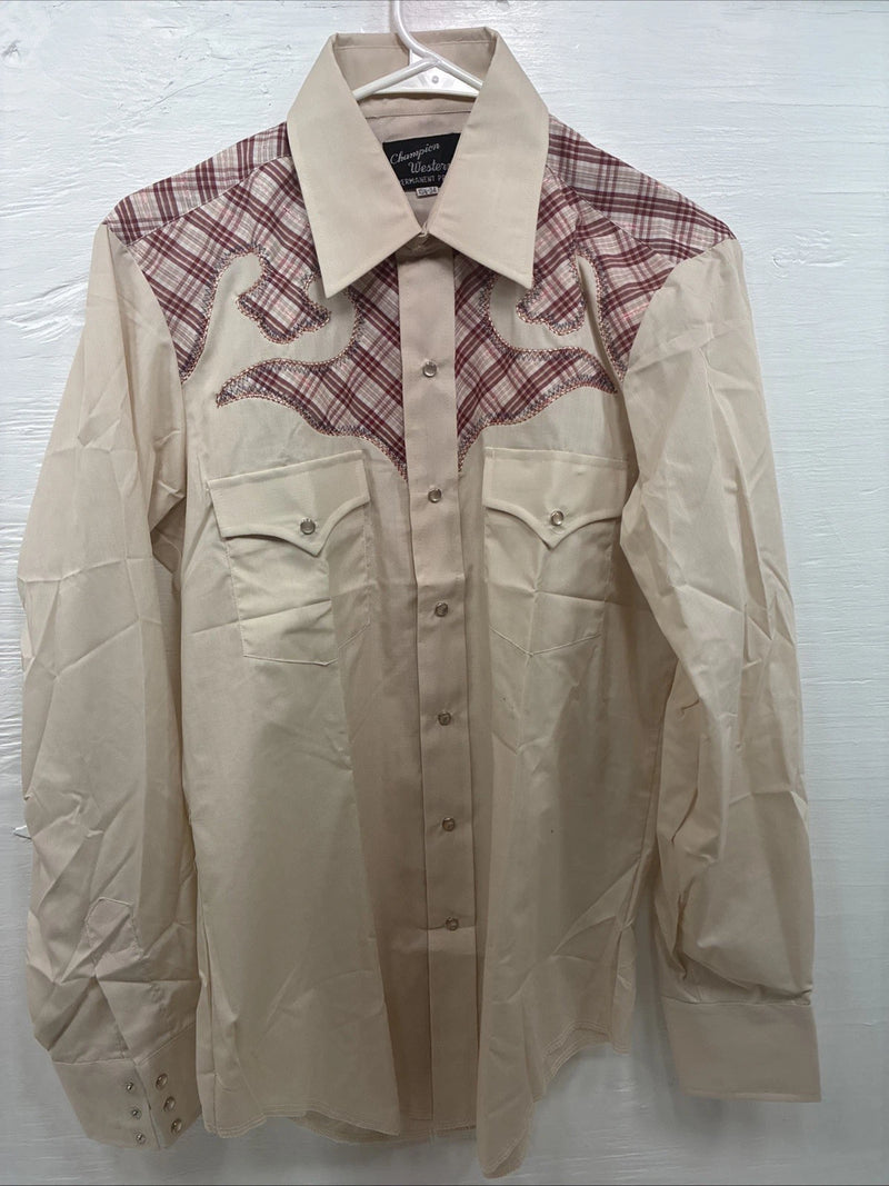 New Youth Champion Western Tan pink Plaid Long Sleeve Pearl Snap Medium T-82