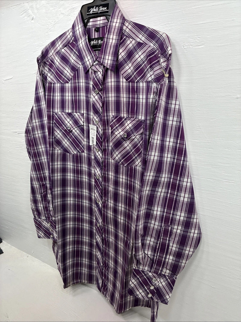 New Men’s White Horse People Plaid Long Sleeve Pearl Snap XL J-37