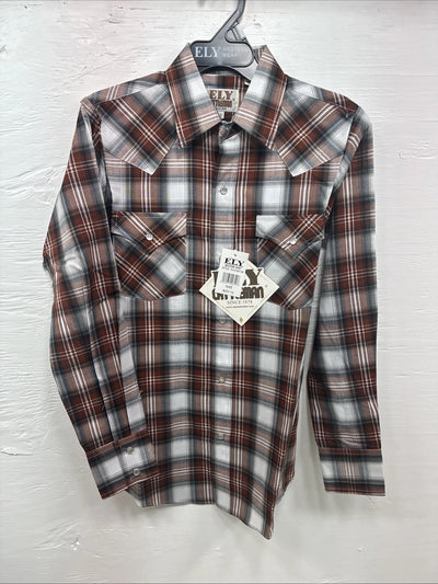 New Kids ELY Cattleman Orange Plaid Long Sleeve Pearl Snap Size 12 DD-37
