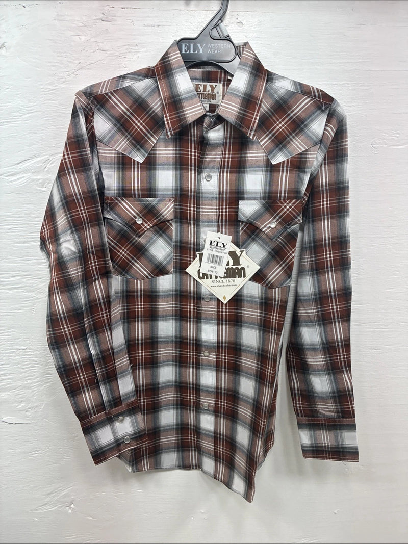New Kids ELY Cattleman Orange Plaid Long Sleeve Pearl Snap Size 12 DD-37
