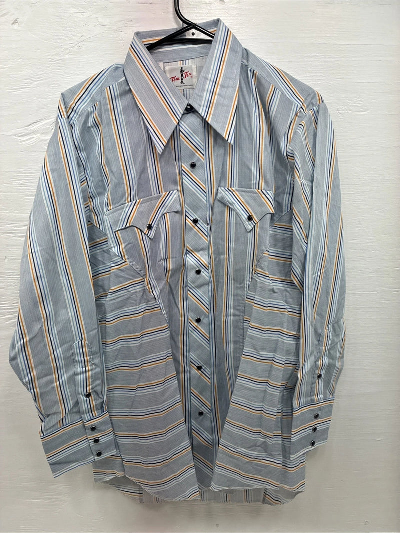 New Men’s Tem Tex Blue Stripe Long Sleeve Pearl Snap 16 X 33 Large R-16