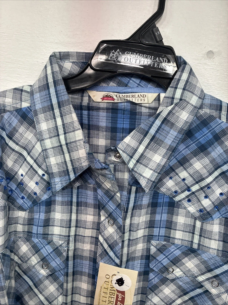 New Women’s Cumberland Blue Plaid Long Sleeve Pearl Snap 1XL GG-38