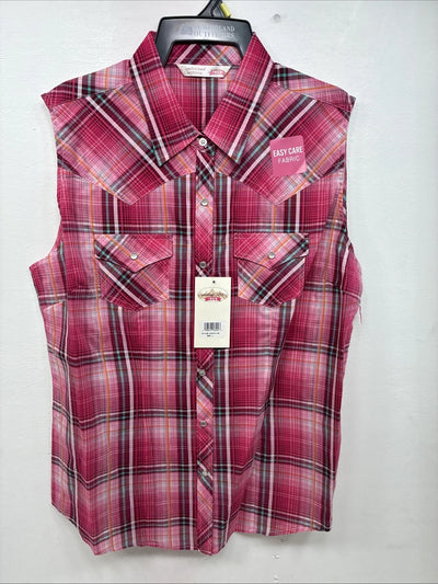New Women’s Cumberland Pink Plaid Short Sleeve Pearl Snap Large GG-27