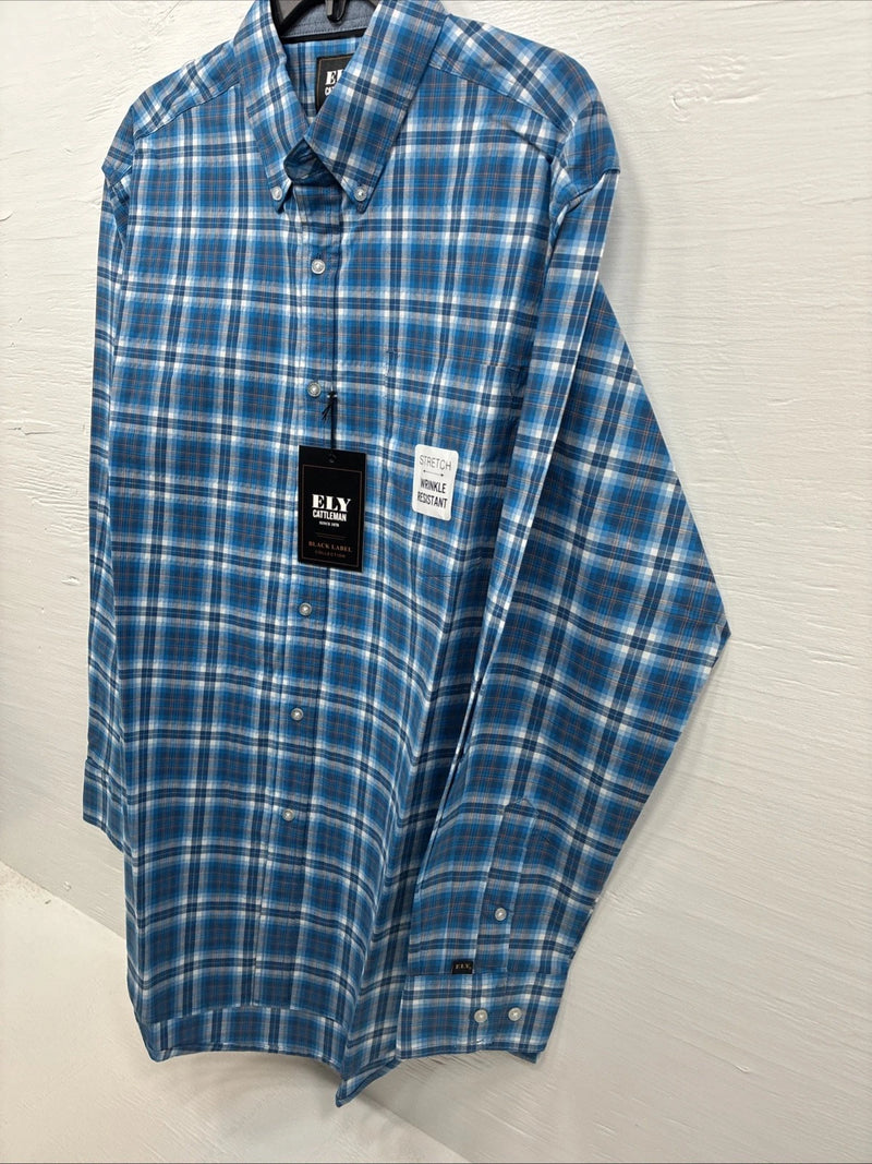 New Men’s ELY Cattleman Blue Plaid Long Sleeve Pearl Snap Large Q-34