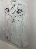 New Men’s ELY Cattleman White Horse Design Long Sleeve Pearl Snap Large X-23