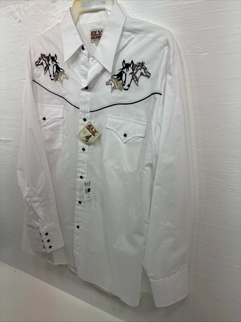 New Men’s ELY Cattleman White Horse Design Long Sleeve Pearl Snap Large X-23