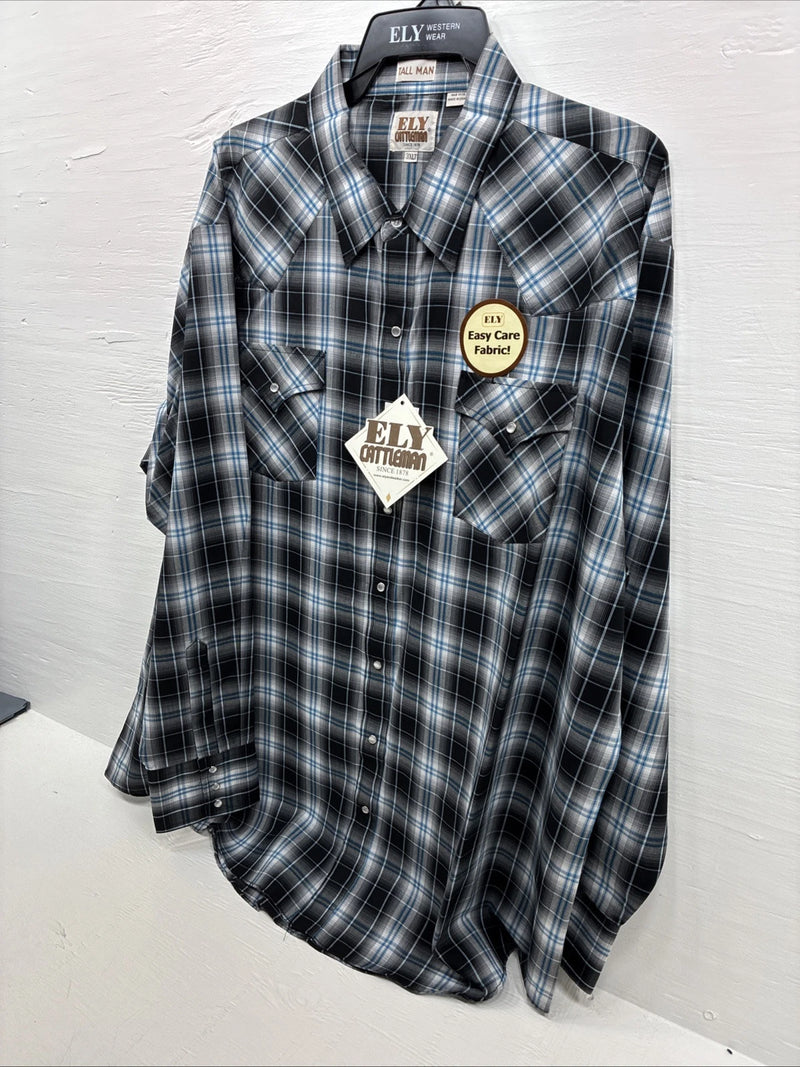 New Men’s ELY Cattleman Grey Black Long Sleeve Pearl Snap 3XL E-39