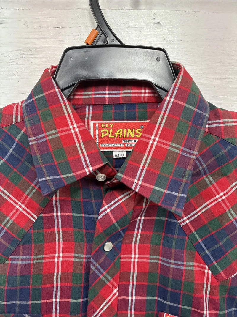 New Men’s ELY Plains Red Plaid Long Sleeve Pearl Snap 16.5 X 35 Large K-78