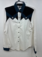 New Women’s Roughrider Blue Black White Long Sleeve Button Up Small YY-72