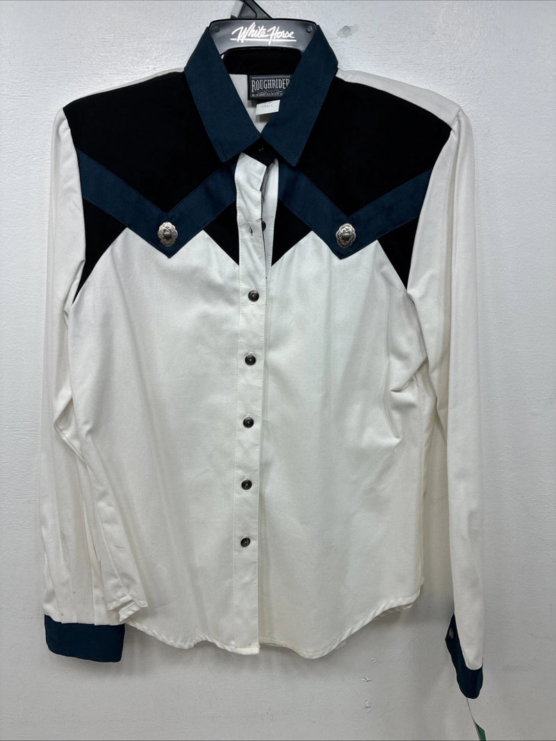 New Women’s Roughrider Blue Black White Long Sleeve Button Up Small YY-72
