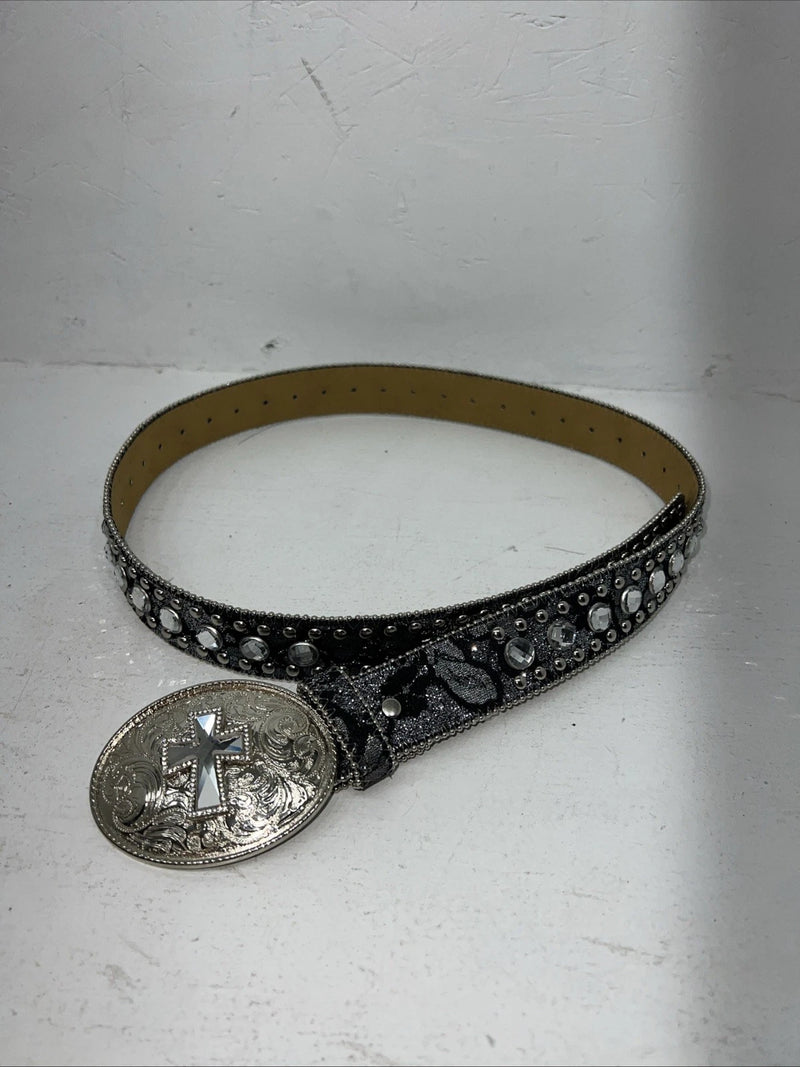 New Black Silver Blazin Roxx Genuine Leather Belt Large #N3518201 W-17
