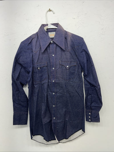New Men’s Karman Western Wear Denim Pearl Snap Shirt. 14.5 x 32 Small A-169