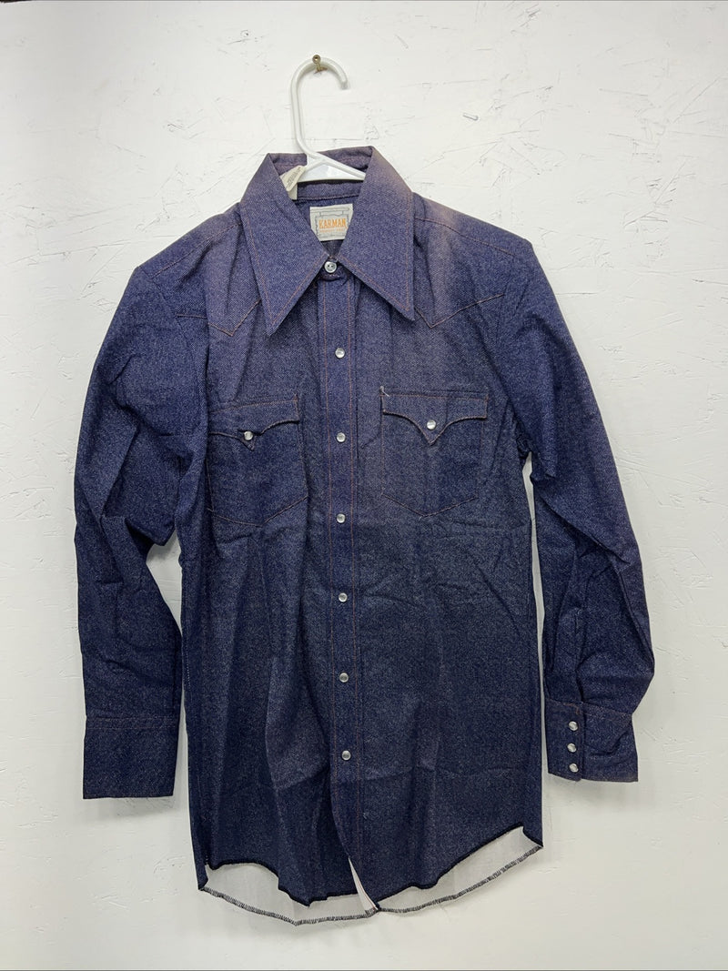 New Men’s Karman Western Wear Denim Pearl Snap Shirt. 14.5 x 32 Small A-169