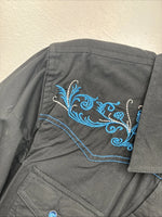 New Women’s Cumberland Black Blue Design Long Sleeve Pearl Snap Large GG-87