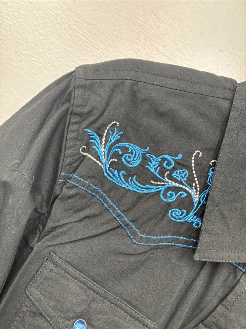 New Women’s Cumberland Black Blue Design Long Sleeve Pearl Snap Large GG-87