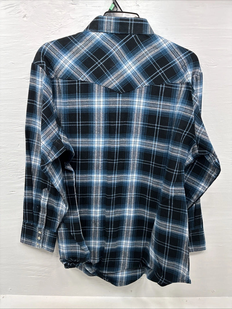 New Men’s ELY Cattleman Blue Black Plaid Long Sleeve Pearl Snap XL O-56
