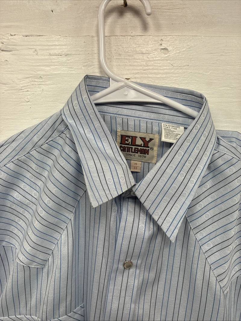 New Men’s ELY Cattleman Blue Stripe Long Sleeve Pearl Snap 15 Medium AA-72