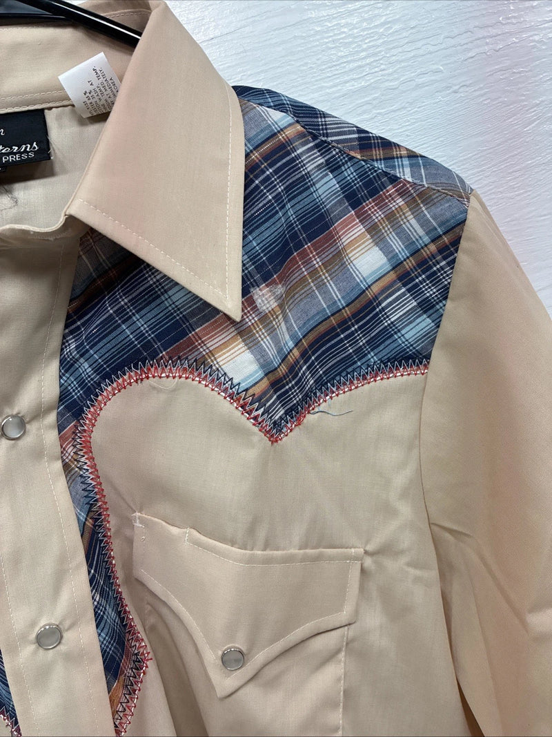 New Men’s Champion Western Tan Plaid Long Sleeve Pearl Snap 15 Medium X-31