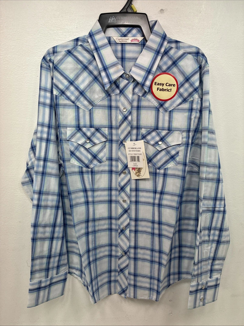New Women’s Cumberland Blue Plaid Long Sleeve Pearl Snap Large GG-84