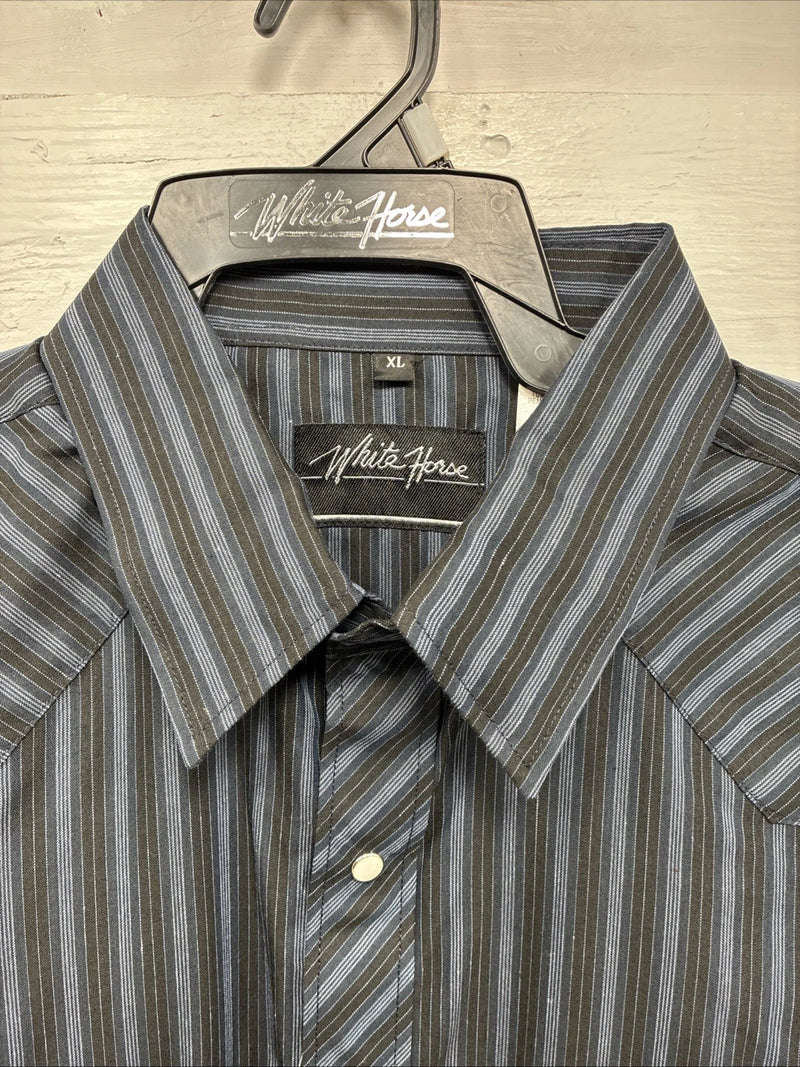 New Men’s White Horse Black Gray Stripe Long Sleeve Pearl Snap XL O-54
