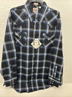 New Men’s ELY Cattleman Black Blue Long Sleeve Pearl Snap 3XL E-38