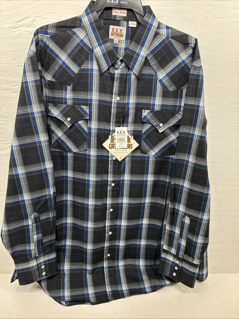 New Men’s ELY Cattleman Black Blue Long Sleeve Pearl Snap 3XL E-38