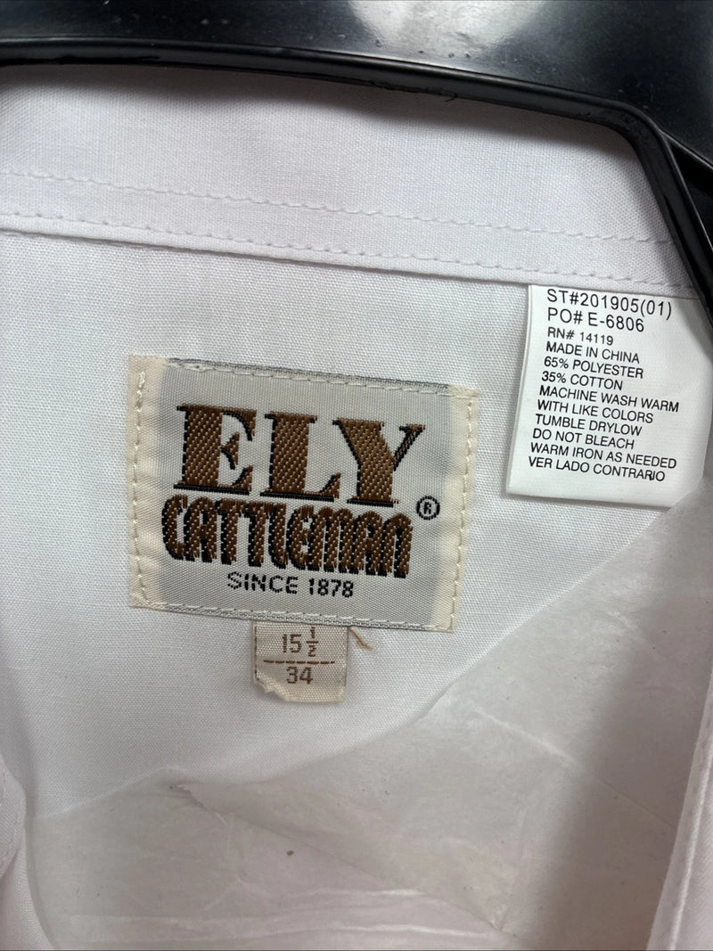 New Men’s ELY Cattleman Simple White Long Sleeve Pearl Snap 15.5 Medium K-56