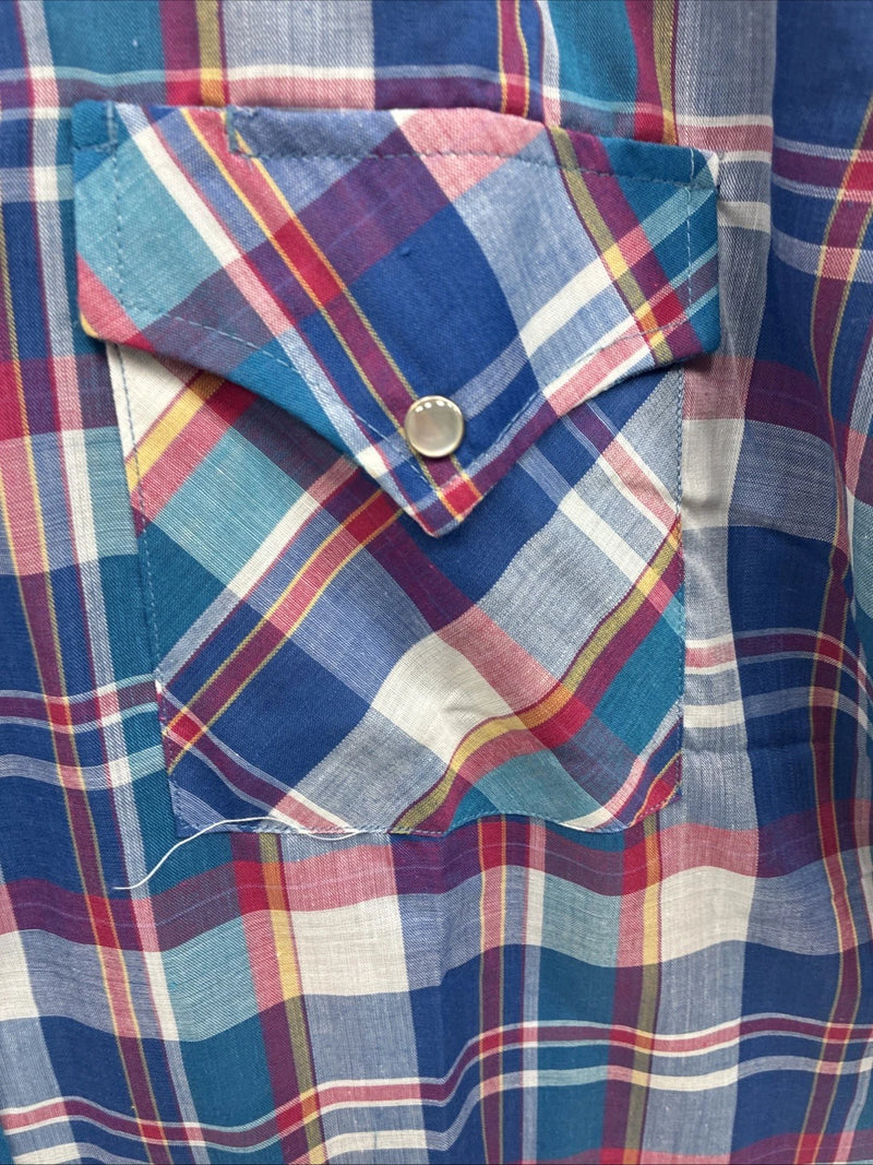 New Men’s ELY Cattleman Multicolor Plaid Short Sleeve Pearl Snap Large X-25