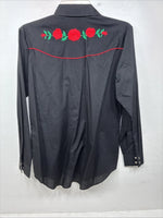 New Women’s Country Charmers Black Rose Long Sleeve Pearl Snap Large LL-96