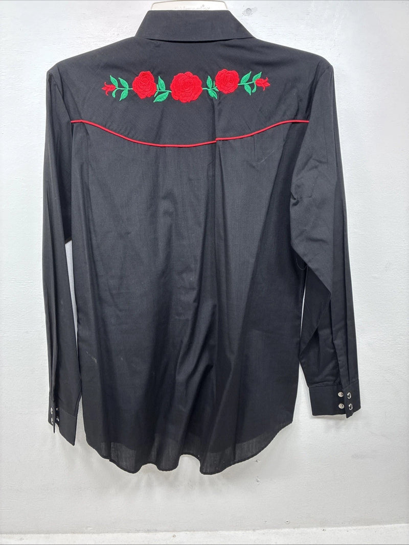 New Women’s Country Charmers Black Rose Long Sleeve Pearl Snap Large LL-96