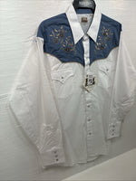 New Men’s ELY Cattleman White Blue Embroidered Long Sleeve Pearl Snap XL H-75