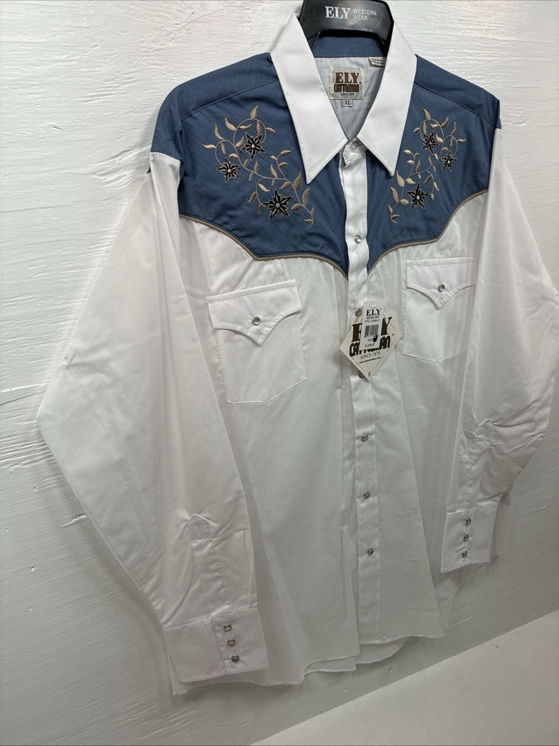 New Men’s ELY Cattleman White Blue Embroidered Long Sleeve Pearl Snap XL H-75
