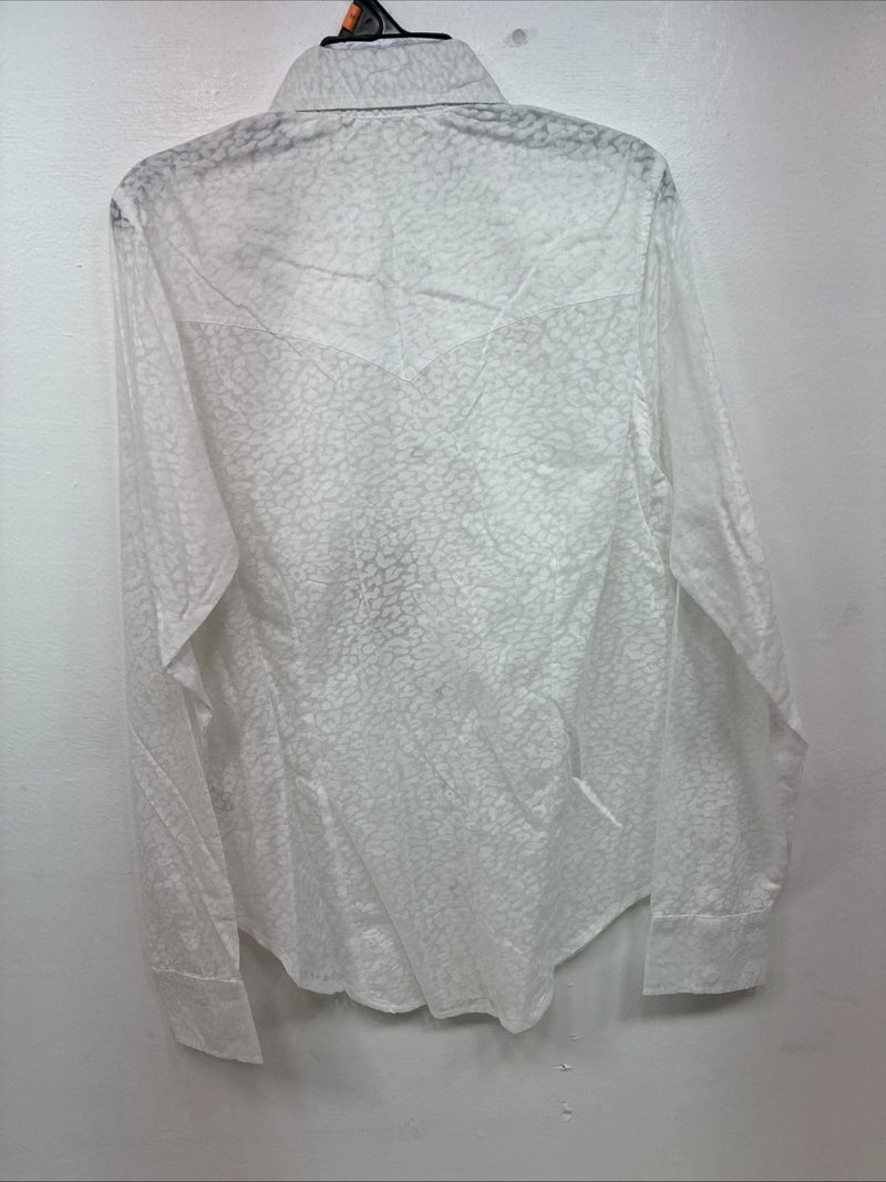 New Women Cumberland White Cheetah Print Long Sleeve Pearl Snap Medium LL-9