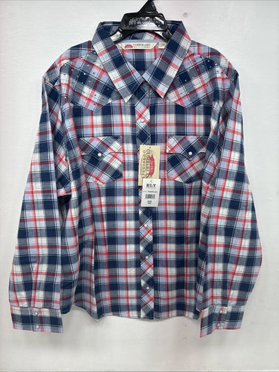 New Women’s Cumberland Blue Plaid Long Sleeve Pearl Snap 3XL GG-57