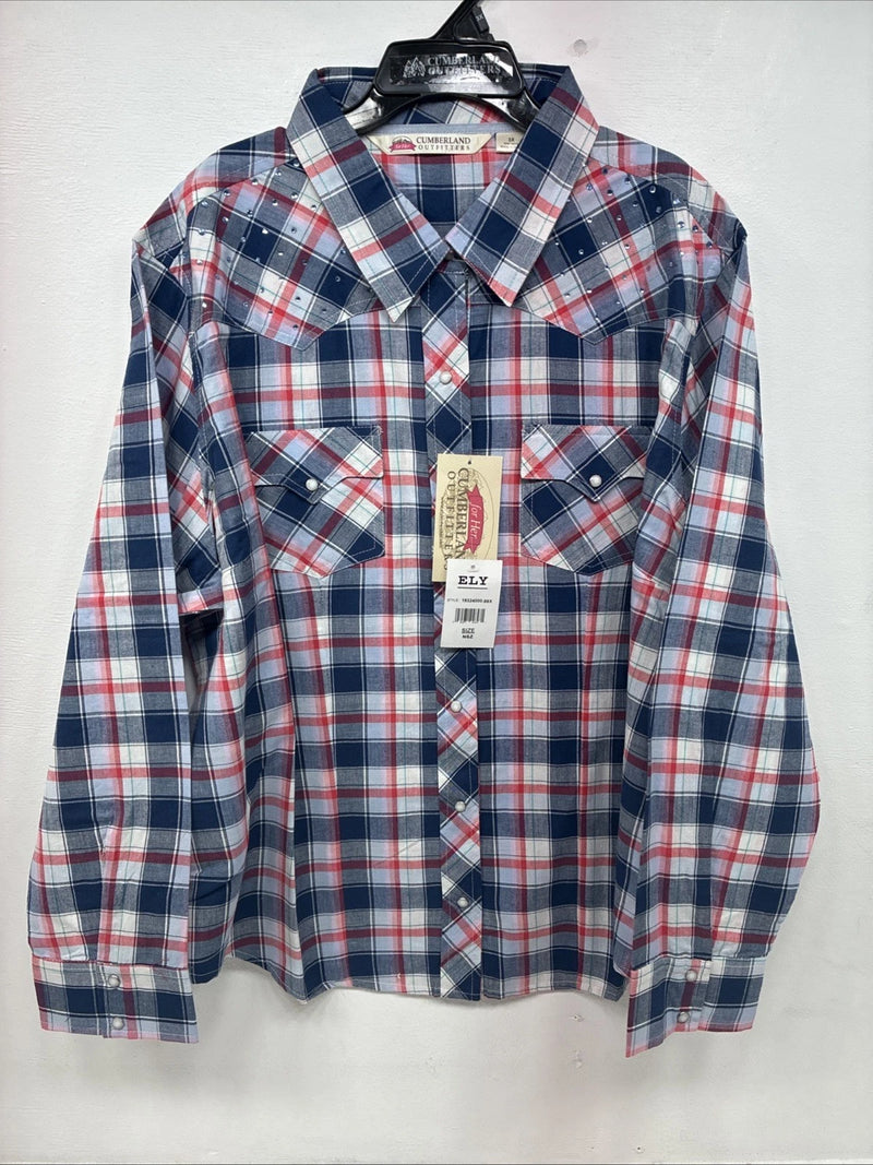 New Women’s Cumberland Blue Plaid Long Sleeve Pearl Snap 3XL GG-57