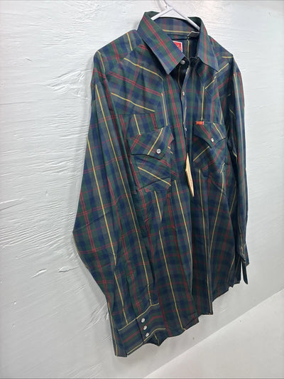New Men’s ELY Plains Green Plaid Long Sleeve Pearl Snap 16.5 X 34 Large R-19