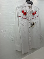 New Men’s ELY Cattleman White Red Rose Design Long Sleeve Pearl Snap Medium K-60