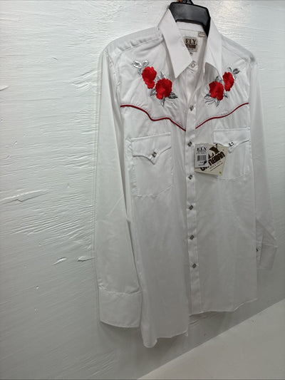 New Men’s ELY Cattleman White Red Rose Design Long Sleeve Pearl Snap Medium K-60