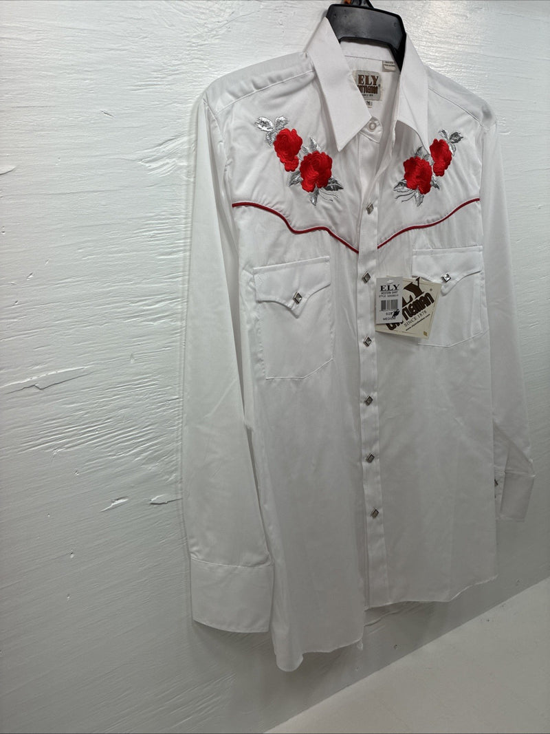 New Men’s ELY Cattleman White Red Rose Design Long Sleeve Pearl Snap Medium K-60