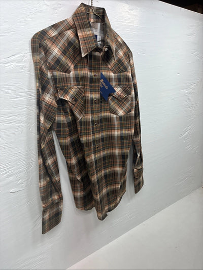 New Men’s Panhandle Slim Orange Plaid Long Sleeve Pearl Snap XS J-63