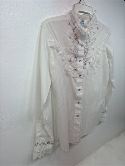 New Women’s American Rodeo White Embroidered Long Sleeve Pearl Snap 14 YY-133